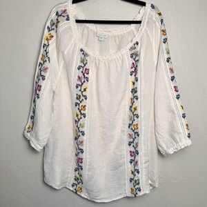 J. Jill Love Linen White Floral Embroidered Blouse XL Boho Coastal Grandma